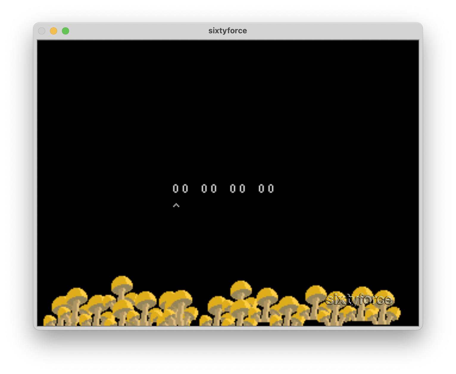 A picture of the SixtyForce emulator running the ROM. There are yellow mushrooms lining the bottom of the screen, and the text "00 00 00 00" is centred.