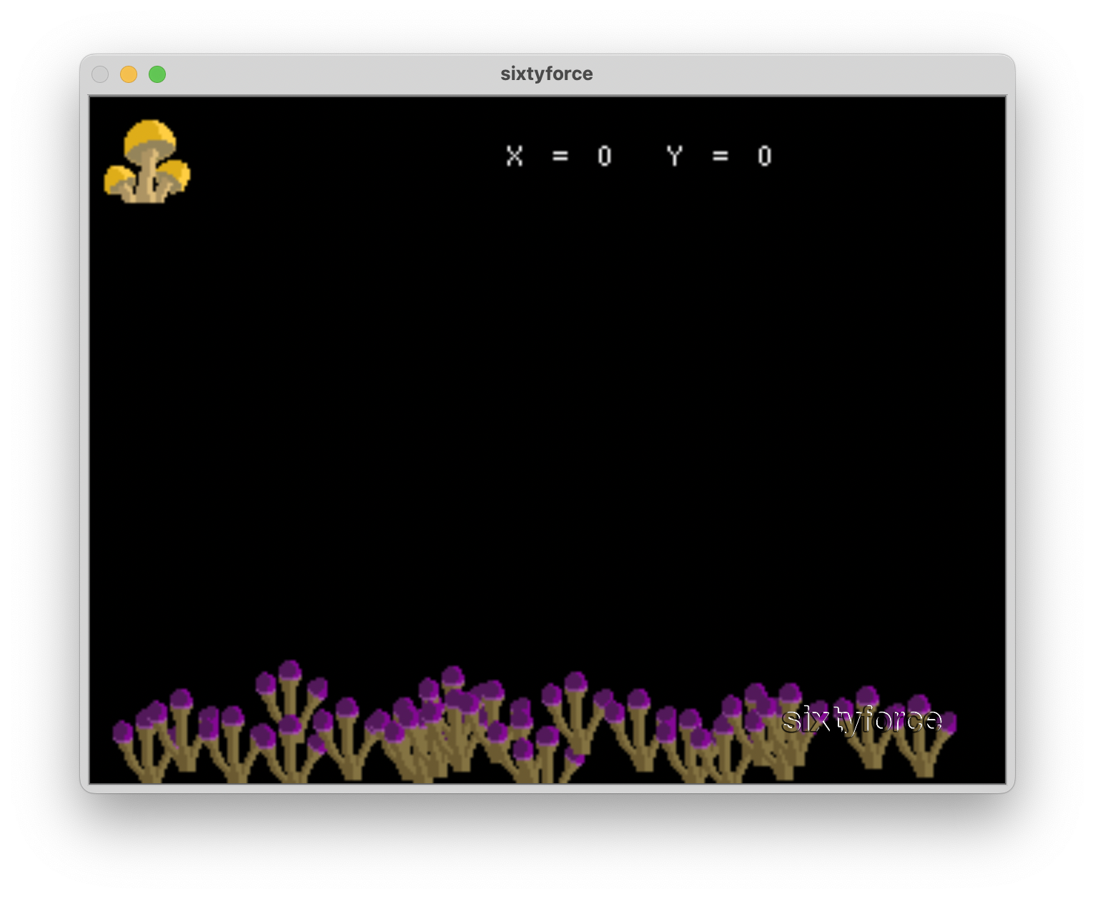 A picture of the ROM running in an emulator. There are orange mushrooms lining the bottom of the screen, a yellow mushroom in the top-left corner, and the text "X = 0 Y = 0" appears to the centre-left of the screen.